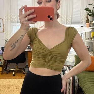 NWOT FREE PEOPLE Green Cinched Sweetheart Neckline Open Back Cropped Tank SMALL